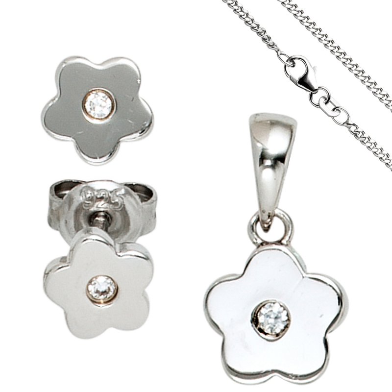 JOBO Kinder Schmuck-Set Blume 925 Silber mit Zirkonia Anh�nger Ohrringe Kette 38 cm