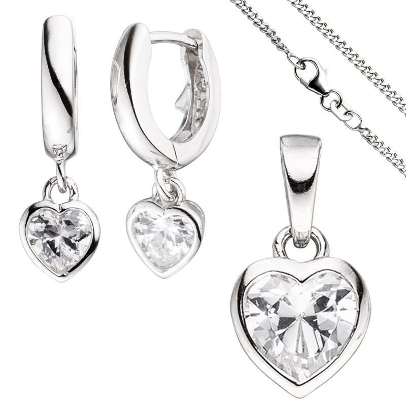 JOBO Kinder Schmuck-Set Herz 925 Silber mit Zirkonia Anh�nger Ohrringe Kette 38 cm