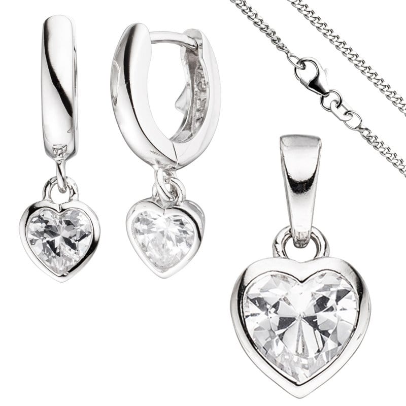 JOBO Kinder Schmuck-Set Herz 925 Silber mit Zirkonia Anh�nger Ohrringe Kette 42 cm