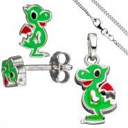 JOBO Kinder Schmuck-Set Kleiner Drache 925 Silber gr�n lackiert mit Kette 42 cm