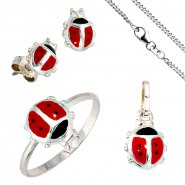 JOBO Kinder Schmuck-Set Marienk�fer 925 Silber Anh�nger Ohrringe Ring Kette 42 cm