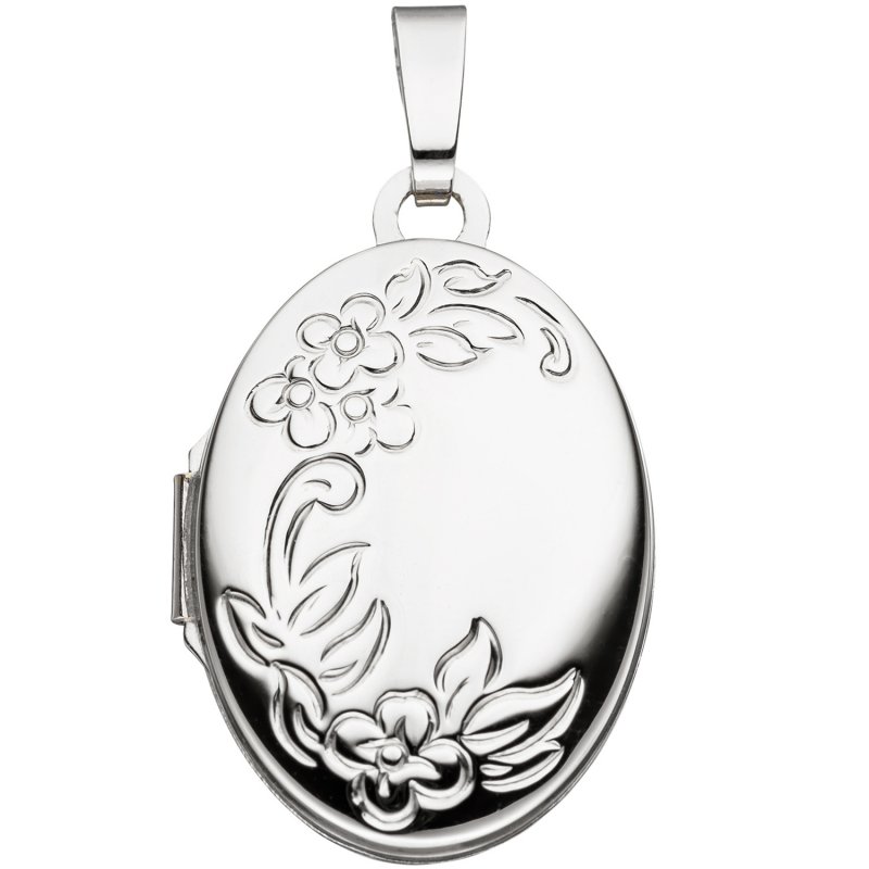 JOBO Medaillon Blumen oval f�r 2 Fotos 585 Gold Wei�gold Anh�nger zum �ffnen