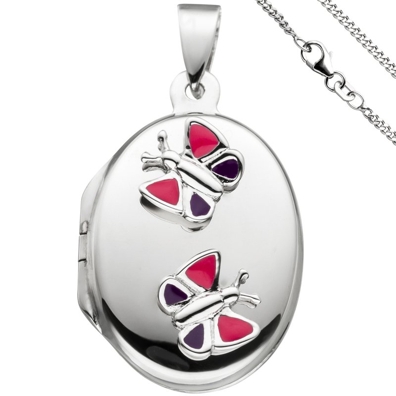 JOBO Medaillon Schmetterling Anh�nger f�r 2 Fotos oval 925 Silber mit Kette 42 cm