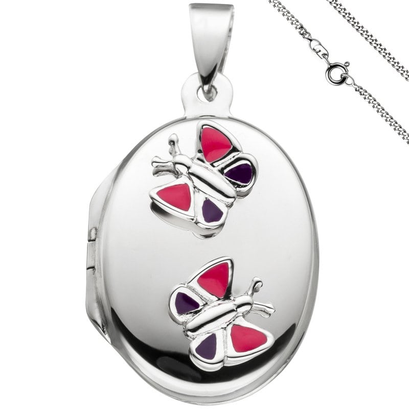 JOBO Medaillon Schmetterling Anh�nger f�r 2 Fotos oval 925 Silber mit Kette 50 cm