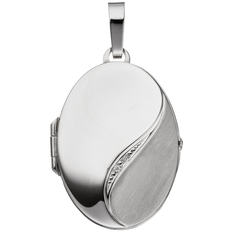 JOBO Medaillon oval 585 Gold Wei�gold mattiert 2 Diamanten Anh�nger zum �ffnen