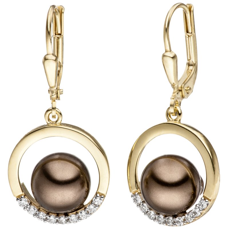 JOBO Ohrh�nger 333 Gold Gelbgold bicolor mit dunklen Perlen und 18 Zirkonia Ohrringe