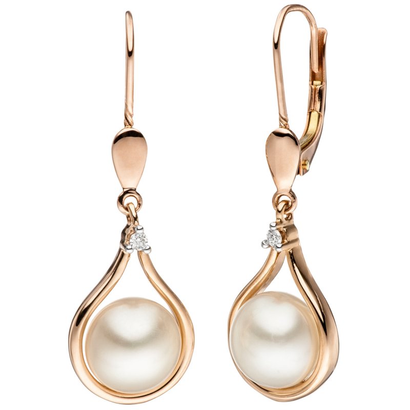 JOBO Ohrh�nger 585 Rotgold 2 S��wasser Perlen 2 Diamanten Brillanten Ohrringe