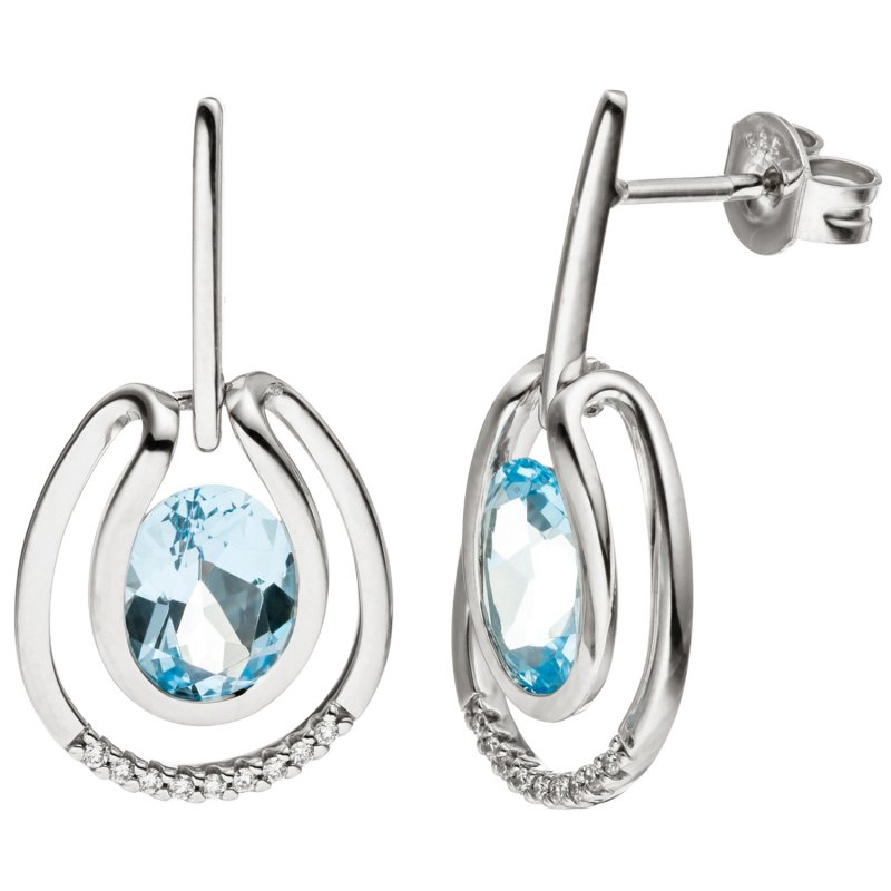 JOBO Ohrh�nger 585 Wei�gold 18 Diamanten Brillanten 2 Blautopase hellblau blau