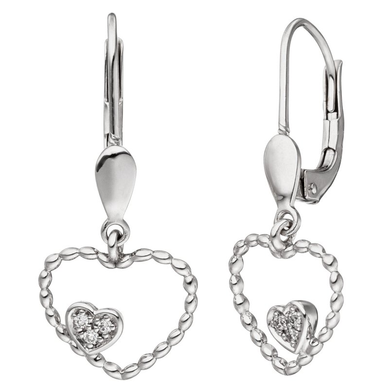 JOBO Ohrh�nger Herz 585 Gold Wei�gold 6 Diamanten Brillanten 0,03ct. Herzohrringe