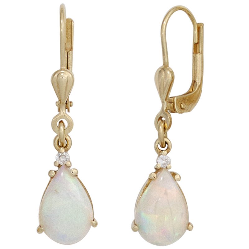 JOBO Ohrh�nger Tropfen 585 Gold Gelbgold 2 Opale 2 Diamanten Ohrringe Opalohrringe