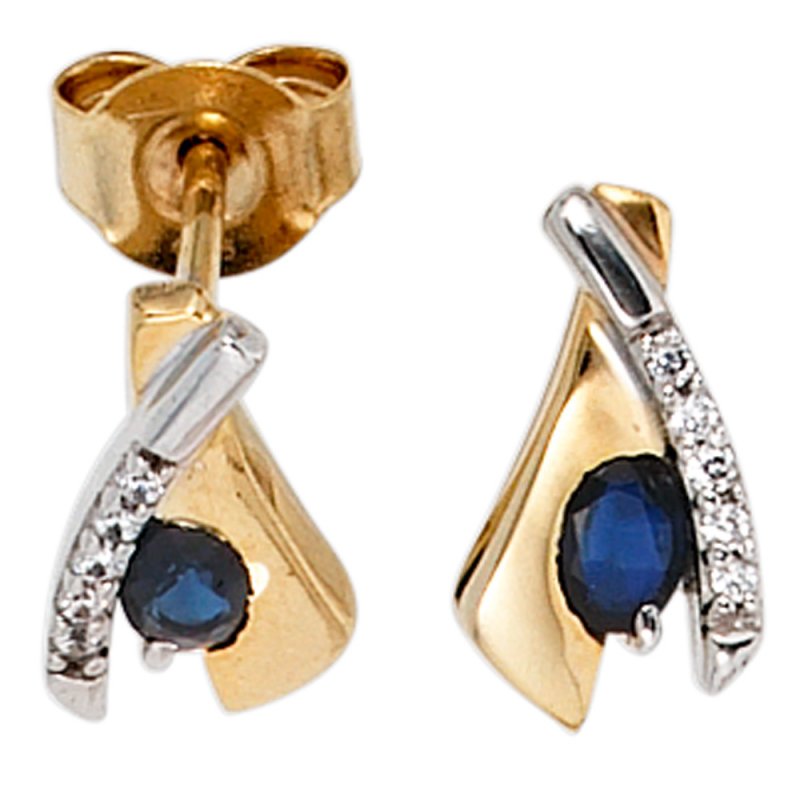 JOBO Ohrstecker 333 Gold Gelbgold bicolor 10 Zirkonia 2 Saphire blau Ohrringe