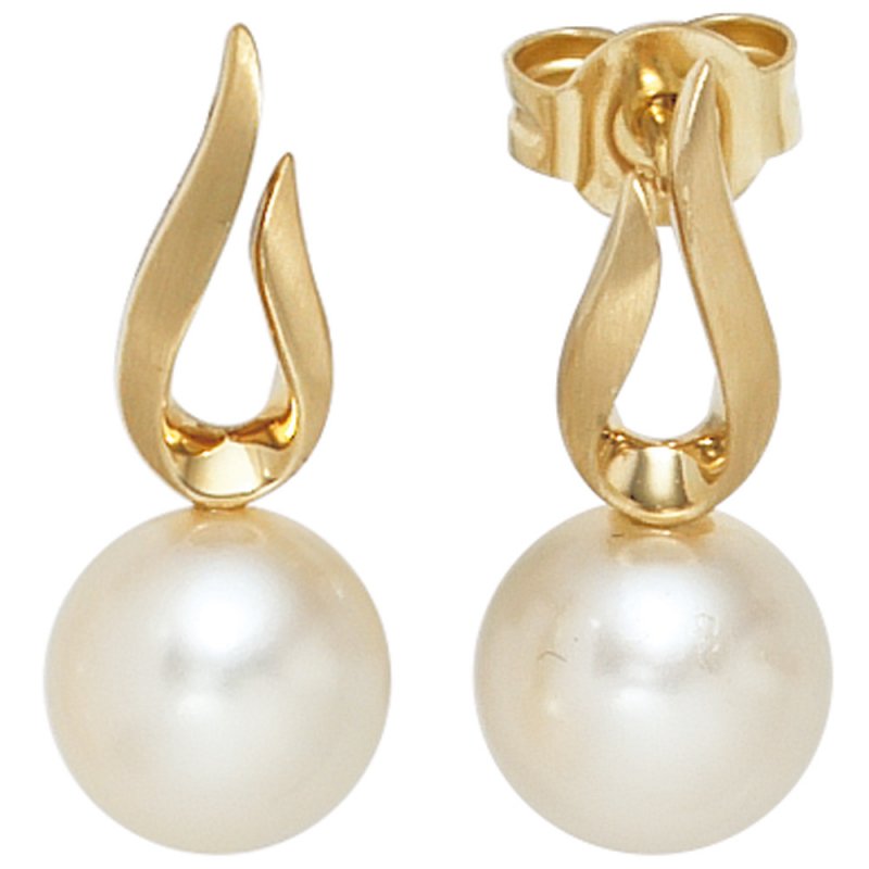 JOBO Ohrstecker 585 Gold Gelbgold mattiert 2 S��wasser Perlen Ohrringe Goldohrstecker