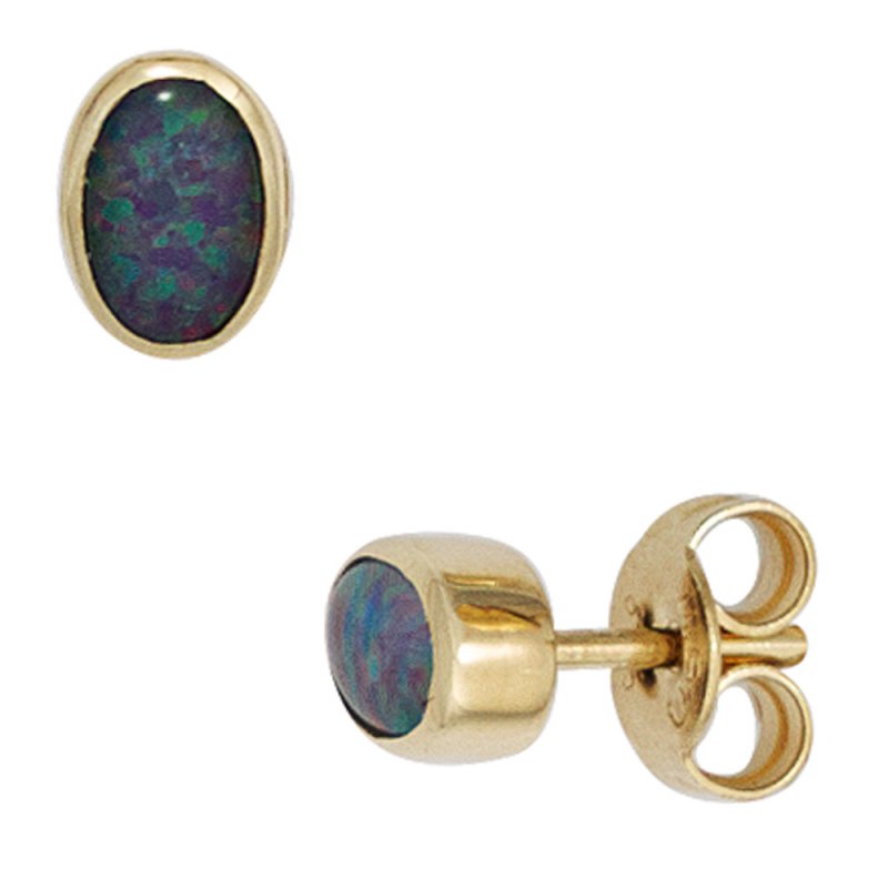 JOBO Ohrstecker oval 585 Gold Gelbgold 2 Opal-Tripletten Ohrringe Opalohrringe