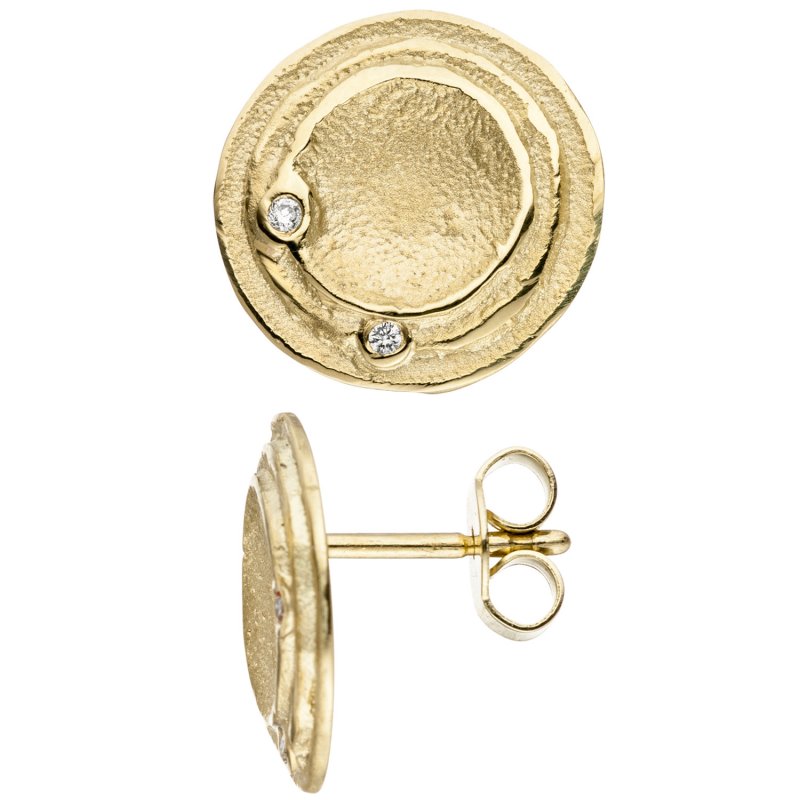 JOBO Ohrstecker rund 585 Gold Gelbgold 4 Diamanten Brillanten Ohrringe matt mattiert