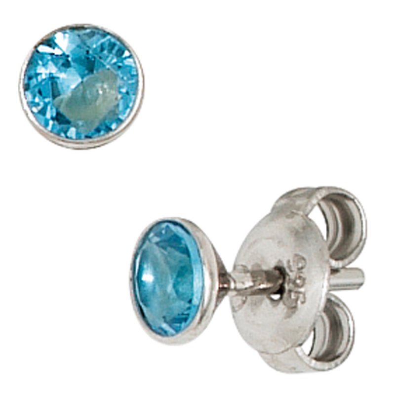 JOBO Ohrstecker rund 925 Sterling Silber rhodiniert 2 Zirkonia hellblau blau Ohrringe