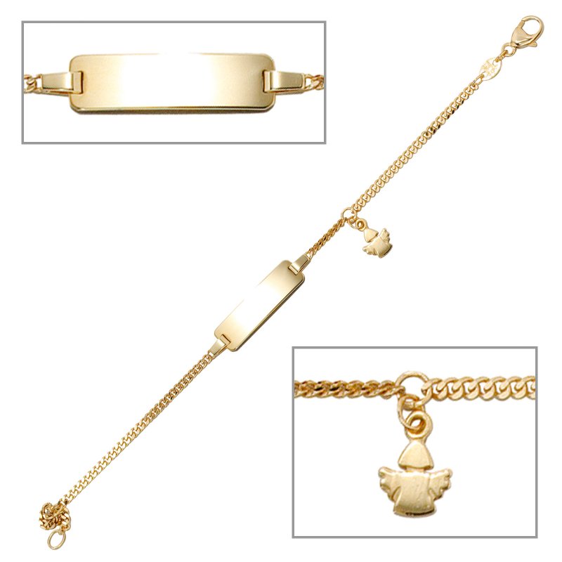 JOBO Schildband Engel 585 Gold Gelbgold 14 cm Gravur ID Armband Schutzengel Karabiner