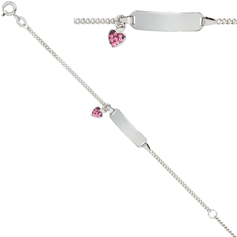 [Herbst-/Winterschlussverkauf] JOBO Schildband 14 Herz cm Gravur rosa mit Armband 925 Silber ID Sterling Glasstein