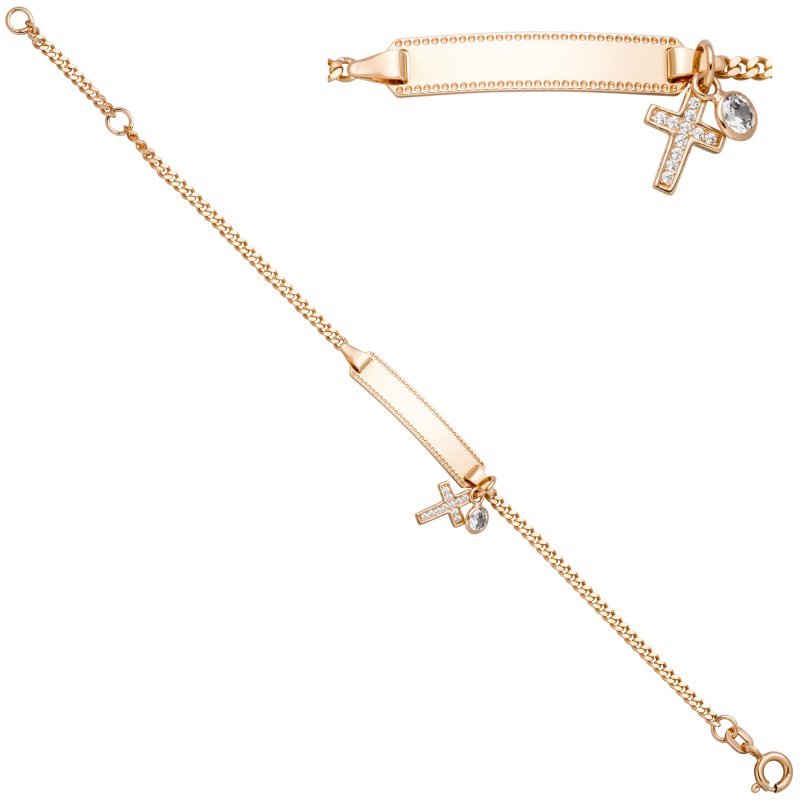 JOBO Schildband Kreuz 925 Sterling Silber rotgold vergoldet Zirkonia 16 cm