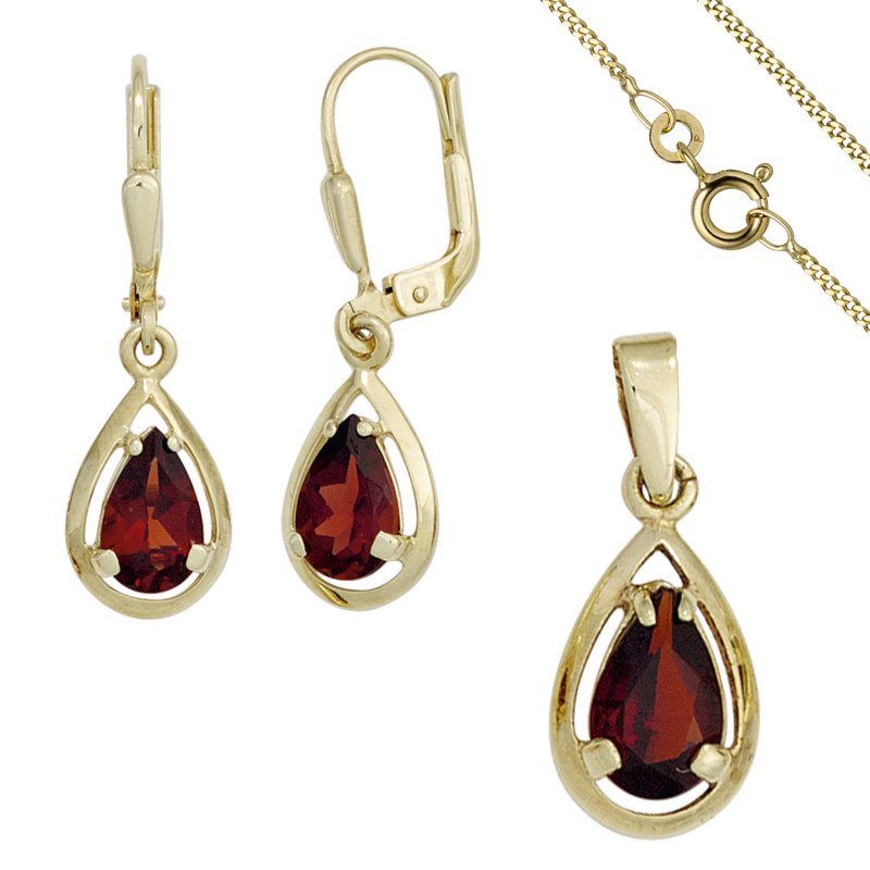 JOBO Schmuck-Set 333 Gold Gelbgold 3 Granate rot Ohrringe und Kette 42 cm