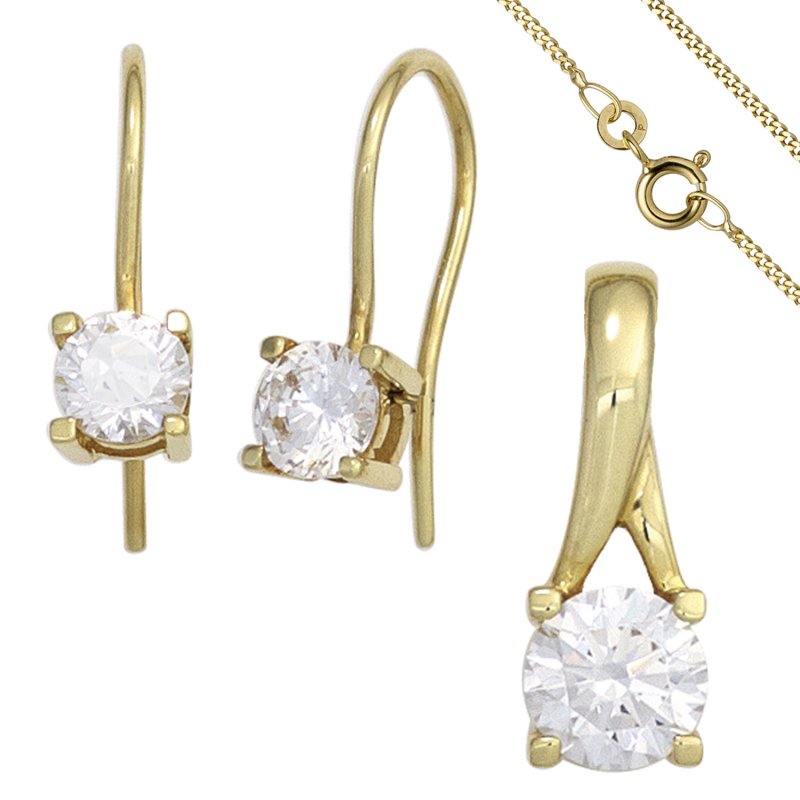 JOBO Schmuck-Set 333 Gold Gelbgold 3 Zirkonia Ohrringe und Kette 45 cm