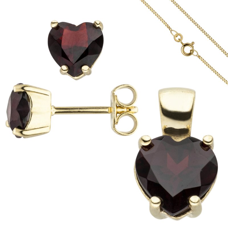 JOBO Schmuck-Set 333 Gold Gelbgold Granat-Herzen mit Kette 42 cm