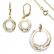 JOBO Schmuck-Set 333 Gold Gelbgold bicolor mit Zirkonia Ohrringe und Kette 42 cm