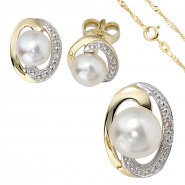 JOBO Schmuck-Set 585 Gelbgold bicolor 3 Perlen 4 Diamanten Ohrringe und Kette 42 cm