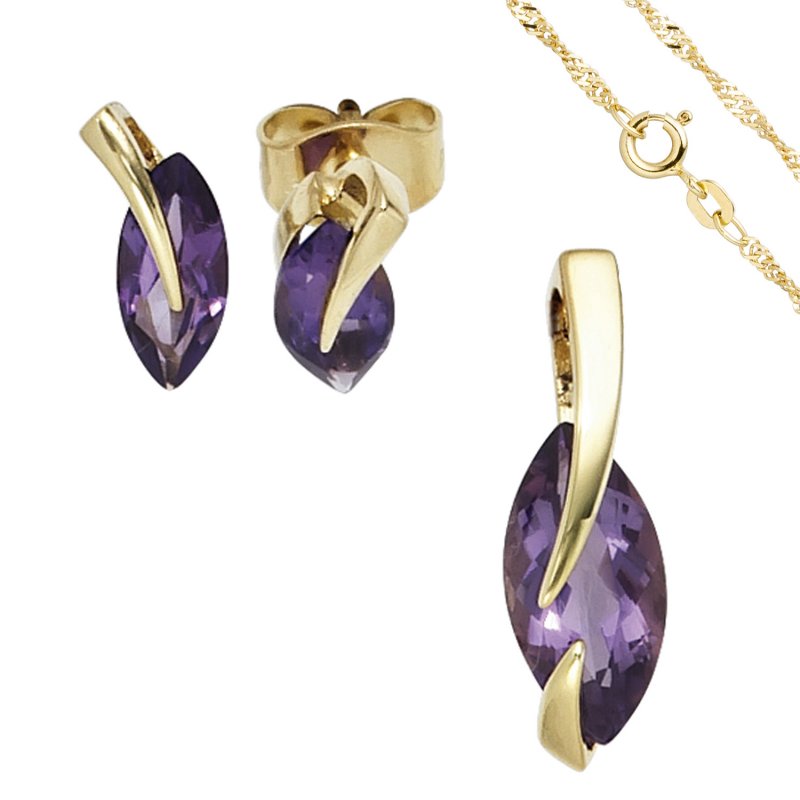 JOBO Schmuck-Set 585 Gold Gelbgold 3 Amethyste lila violett Ohrringe und Kette 45 cm