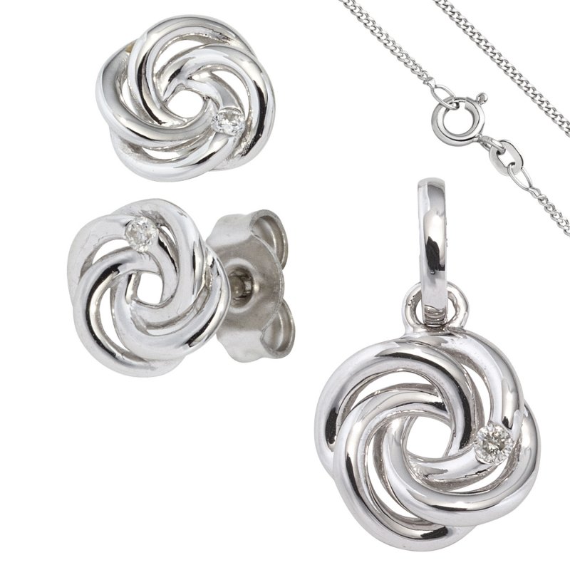 JOBO Schmuck-Set Knoten 585 Gold Wei�gold 3 Diamanten Ohrringe und Kette 45 cm