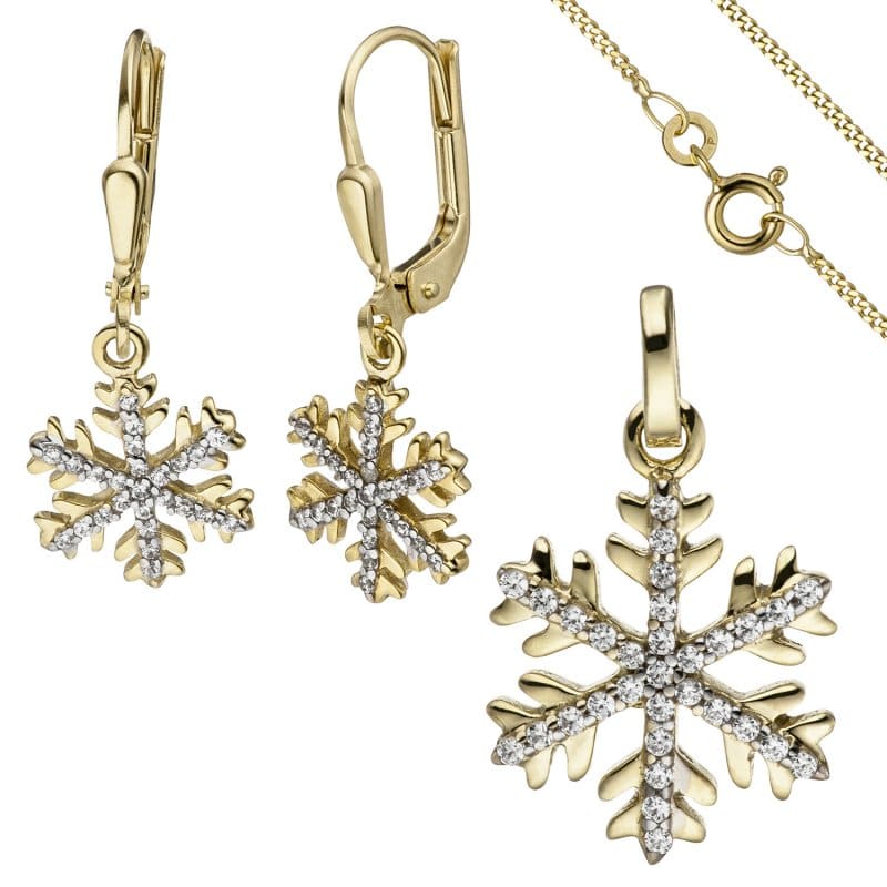 JOBO Schmuck-Set Schneeflocke 333 Gold Gelbgold mit Zirkonia Ohrringe und Kette 45 cm