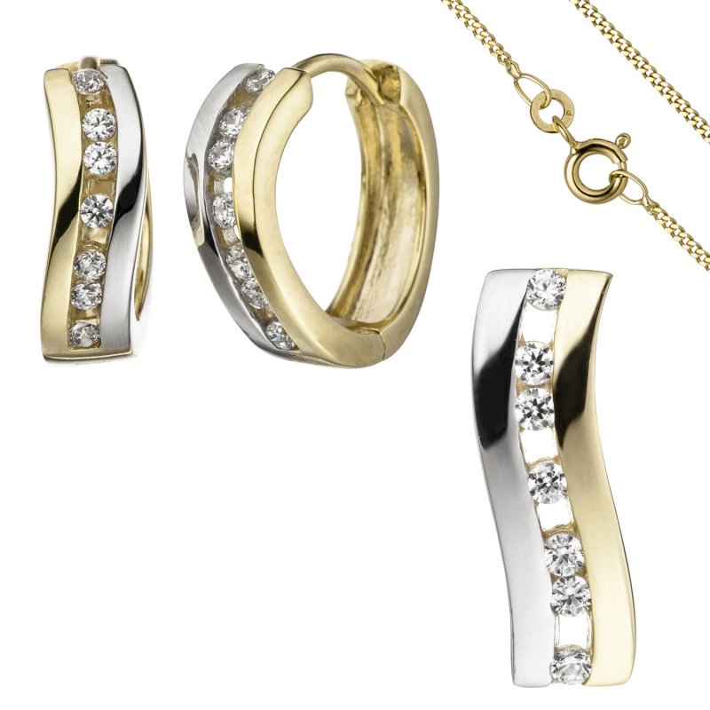 JOBO Schmuck-Set geschwungen 333 Gold Gelbgold bicolor Zirkonia mit Kette 42 cm